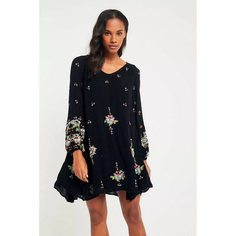 Free People Oxford Black Embroidered Swing Dress -sz Small